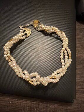 VTG. Faux Pearl Twisted 3 Strand Necklace With Gold Tone Beads-17” W/Clasp. EUC.